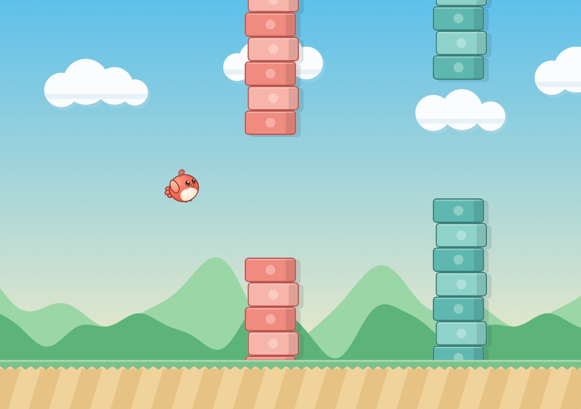 Chirpfold gameplay: a round coral paper bird flying toward paper block pillars in a daytime sky